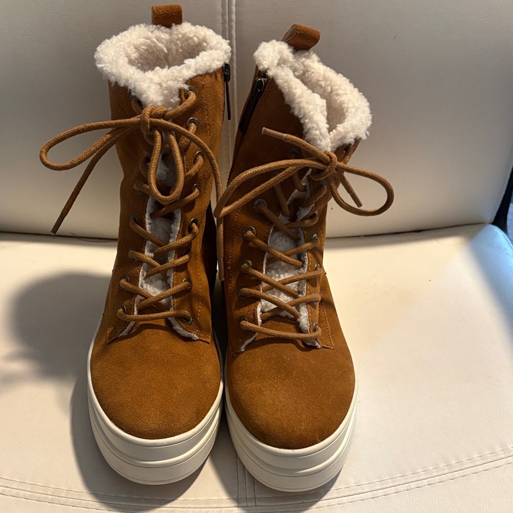 J/SLIDES Brown Lace-Up Boots with Faux Fur